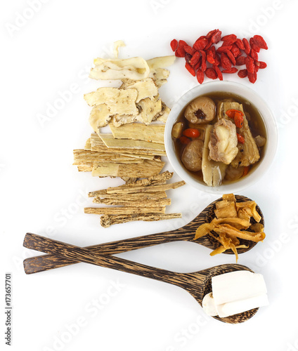 Obraz na plátně Top view of clear soup with chinese herbal medicine