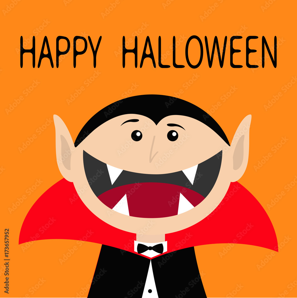 Happy Halloween. Count Dracula head face wearing black and red cape. Cute cartoon vampire character with fangs. Big mouth. Greeting card. Flat design. Orange background. Isolated. Happy Halloween. Count Dracula head face wearing black and red cape. Cute cartoon vampire character with fangs. Big mouth. Greeting card. Flat design. Orange background. Isolated.