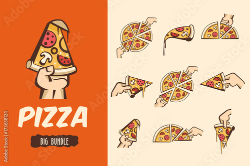 Large bundle pizza. Vector logos, illustrations for cafes pizzerias. The pieces of pizza in his hand.