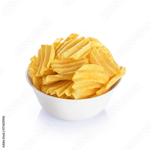 Bowl with potato chips isolated on a white background.
