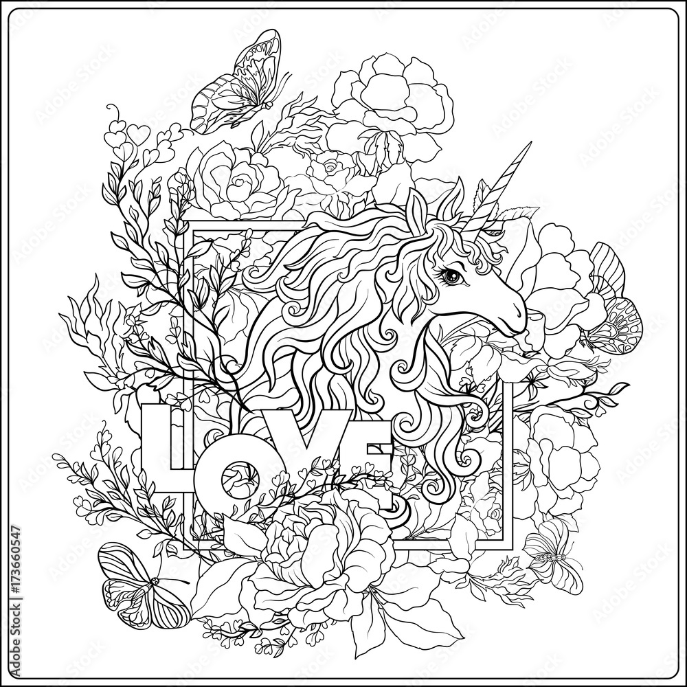 Obraz premium Unicorn. The composition consists of a unicorn surrounded by a b