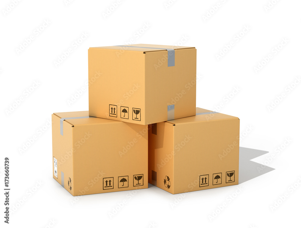 Boxes made of corrugated cardboard for parcels or moving on a white background. 3D illustration
