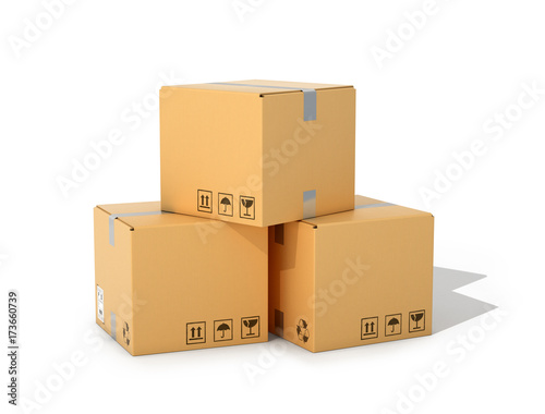Boxes made of corrugated cardboard for parcels or moving on a white background. 3D illustration © MYKHAILO