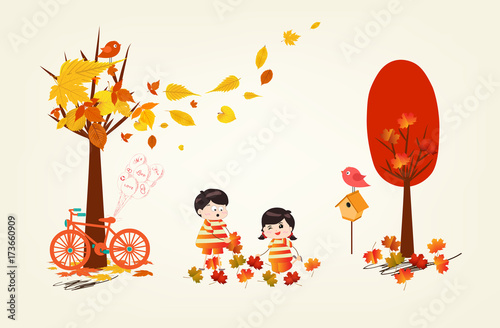 Hello autumn funny kids of a forest in autumn with leaves falling