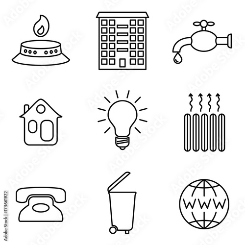 Vector Illustration of Thin Line Icons for Communal Payments. Editable Line. Collection 22. Linear Symbols Set: Gas, Apartment, Water, House, Electricity, Heating, Phone, Garbage, Internet.
