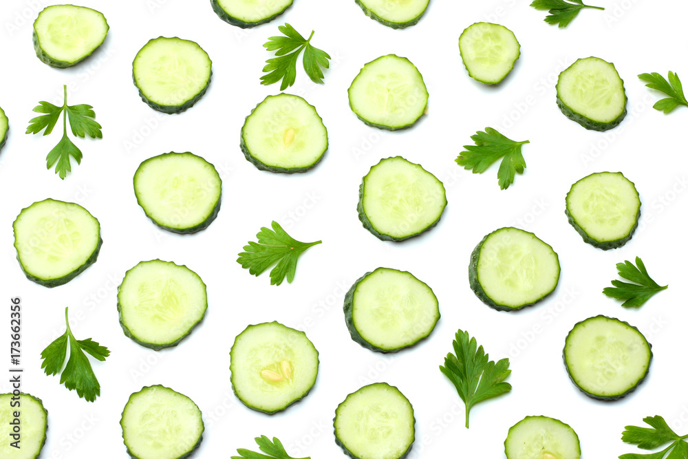 sliced cucumber isolated on a white background top view