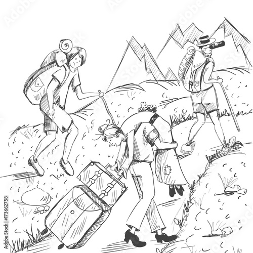 Comic strip. Tired travelers climb a mountain.