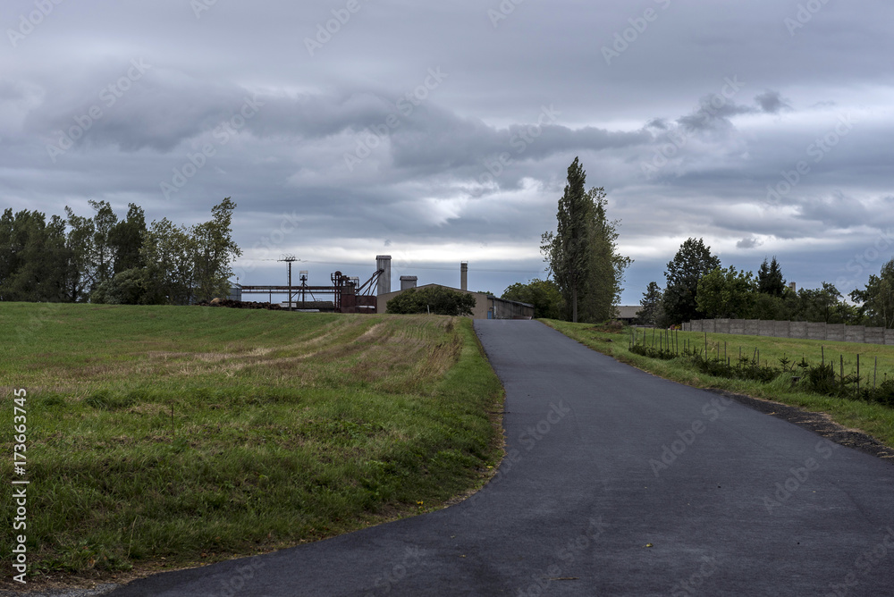 Fototapeta premium asphalt road leading around the fields to the factory