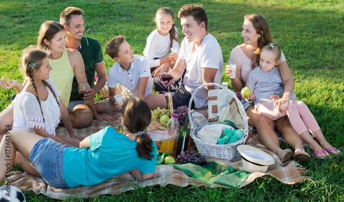 Group of glad people with kids enjoying picnic