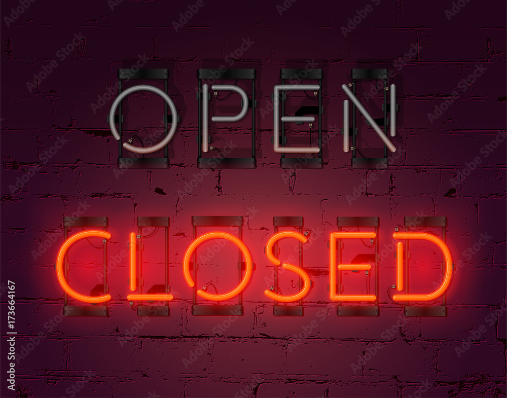Neon Closed sign on brick wall background. Realistic glowing neon inscription. Vector