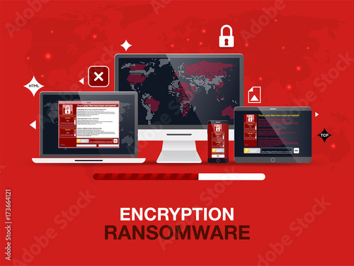 Virus infection. Wanna Cry virus attack on computer, notebook and smartphone. Cybercrime and cyber security concept. Vector illustration.