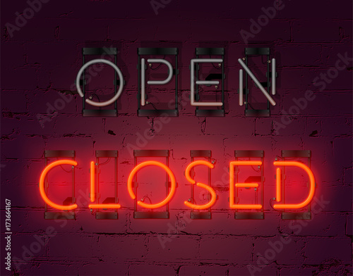 Neon Closed sign on brick wall background. Realistic glowing neon inscription. Vector