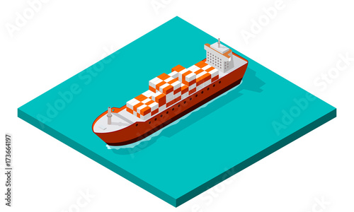 Vector illustration. Isometric view of the cargo box. A ship with steel containers, floating on the water. Transatlantic transportation. For delivery of the company