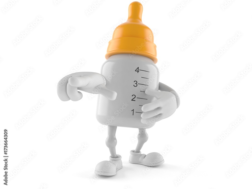 Fototapeta premium Baby bottle character pointing finger