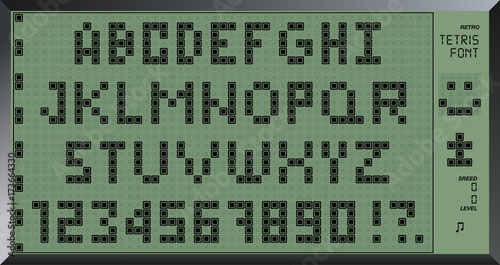 Retro tetris font. 8 bit letters and numbers. Old pixel game design. Tetris Made Alphabet ABC. Vector illustration.
