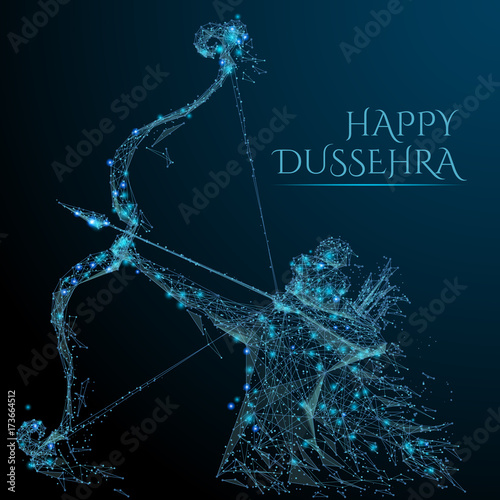 Vector illustration of Lord Rama with arrow killing Ravana in Dussehra Navratri festival. Polygonal in the form of a starry sky or space, consisting of point, line with destruct shapes