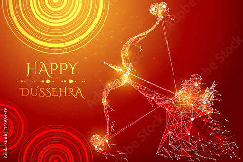 Vector red gold illustration of Lord Rama with arrow killing Ravana in Dussehra Navratri festival. India poster. Low Poly wireframe digital art. Polygon mash line and point origami with triangle.