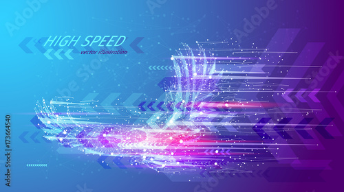 High speed concept. Eagle in flight in the form of a starry sky or space, consisting of points, lines, and shapes in the form of planets, stars and the universe. Vector wireframe concept. Blue purple