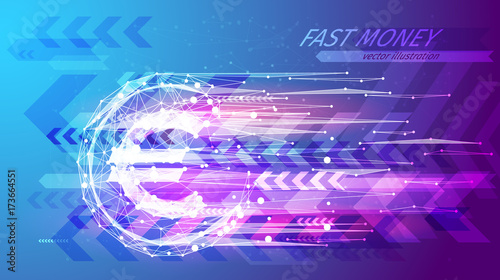 Fast money concept. Euro coin in the form of a starry sky or space, consisting of points, lines, and shapes in the form of planets, stars and the universe. Shotgun vector wireframe. Blue purple