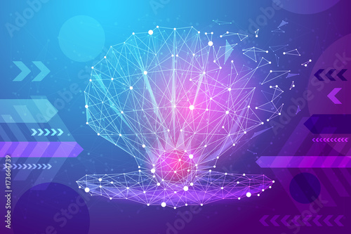 Pearl in shell isolated from low poly wire frame on colorful background. Jewelery vector polygonal image in the form of a starry sky or space, consisting of points, lines, and shapes. blue and purple