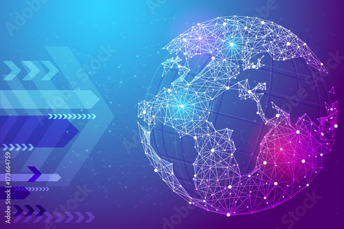 Abstract image planet Earth in the form of a starry sky or space, consisting of points, lines, and shapes in the form of planets, stars and the universe. Earth vector wireframe concept. Blue purple