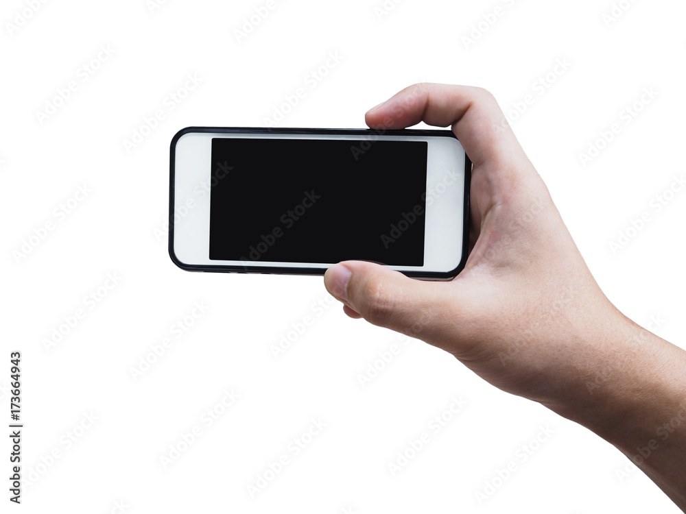 hand holding mobile phone and taking horizontal picture, isolated on white. hand holding mobile phone and taking horizontal picture, isolated on white.