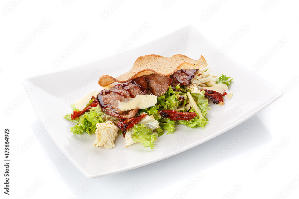 Restaurant food. Salad with bread in a plate. Delicious food. Restaurant food. Salad with bread in a plate. Delicious food.