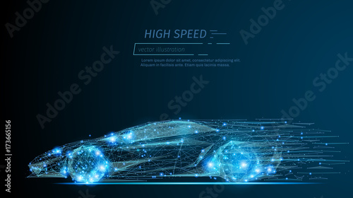 Abstract image of a sport car in the form of a starry sky or space, consisting of points, lines, and shapes in the form of planets, stars and the universe. Cars vector wireframe concept.