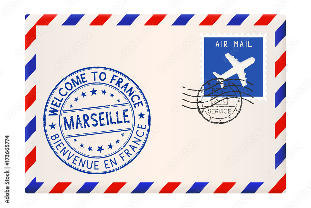 International mail envelope with tourist blue stamp Welcome to France, Marseille