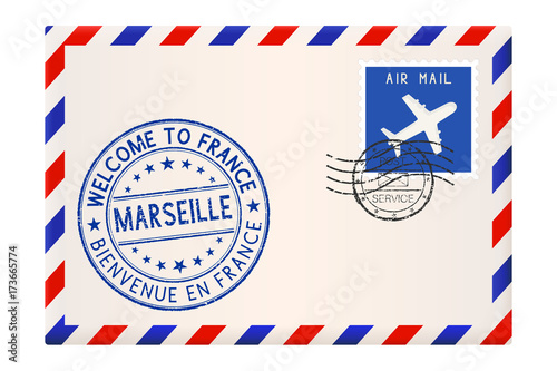 International mail envelope with tourist blue stamp Welcome to France, Marseille