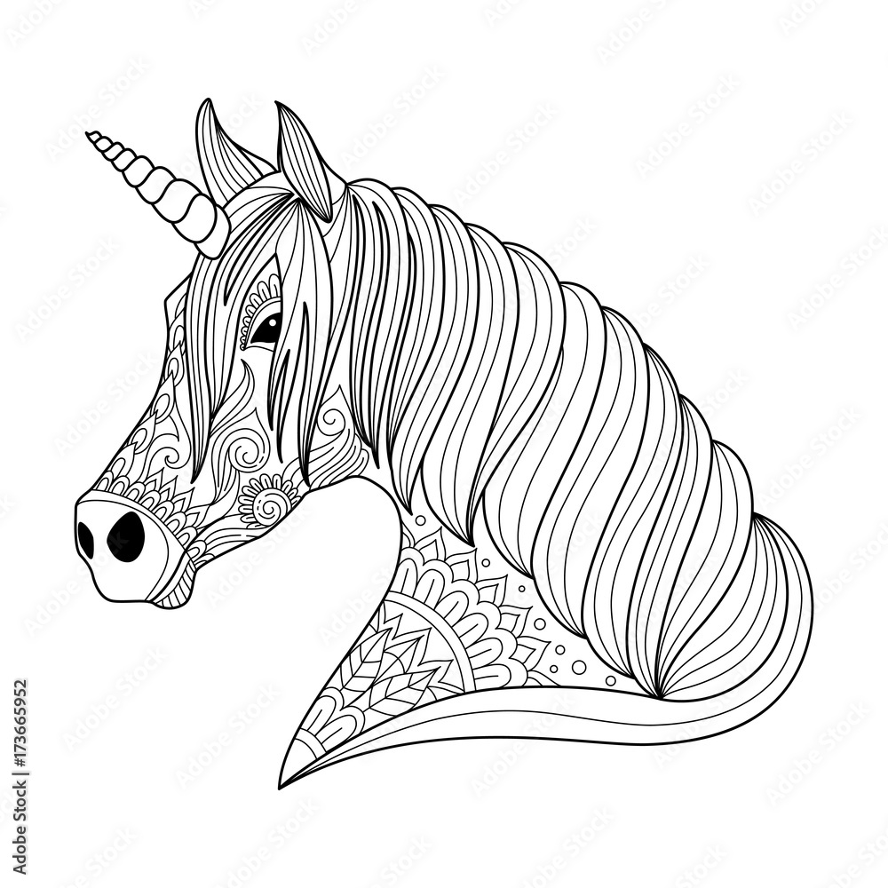 Drawing unicorn zentangle style for adult and children coloring book,  tattoo, shirt design, logo, sign. stylized illustration of horse unicorn in  tangle doodle style vector de Stock | Adobe Stock