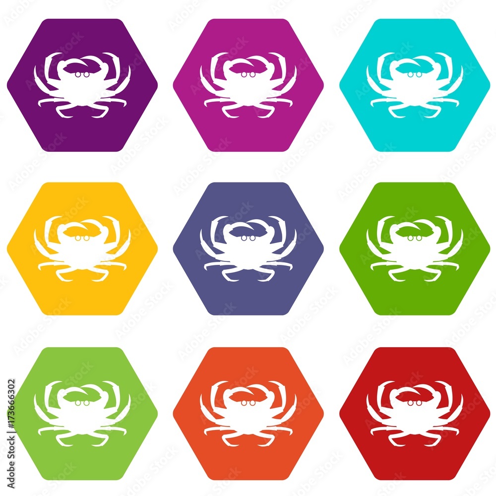Crab icon set color hexahedron