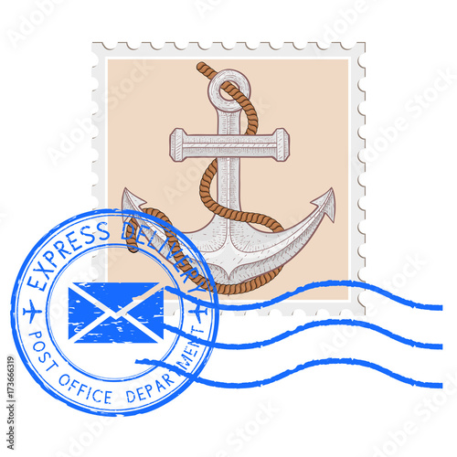 Postal stamp with anchor and blue round postmark