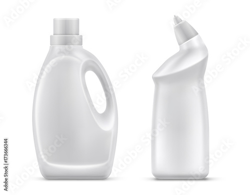 Household chemicals blank plastic bottles with handle and bent tip realistic vector isolated on white background. Liquid detergent or soap,  stain remover, laundry bleach, bathroom or toilet cleaner