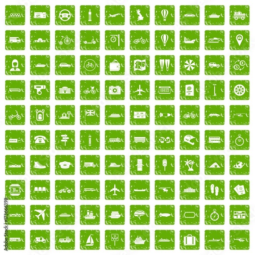 100 public transport icons set grunge green