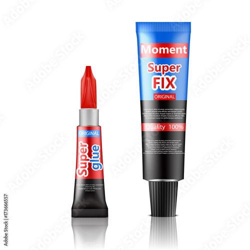 Colorful tubes of super and moment glue with brand information realistic vector isolated on white background with reflection. Different size original container of cyanoacrylate glue for instant gluing