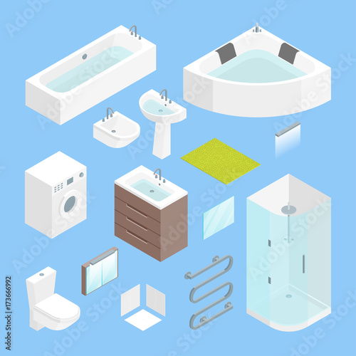 Furniture Bathroom Interior Element Set Isometric View. Vector