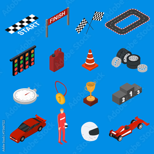 Racing Sport Icon Set Isometric View. Vector