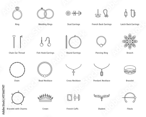 Jewelry Black Thin Line Icon Set. Vector