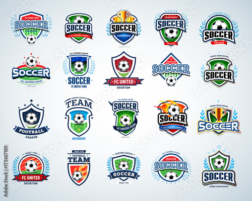 Soccer logo templates set. Football logotypes. Set of soccer football crests and logo template emblem designs, logotypes design concepts of football icons. Collection of Soccer Themed T shirt Graphics
