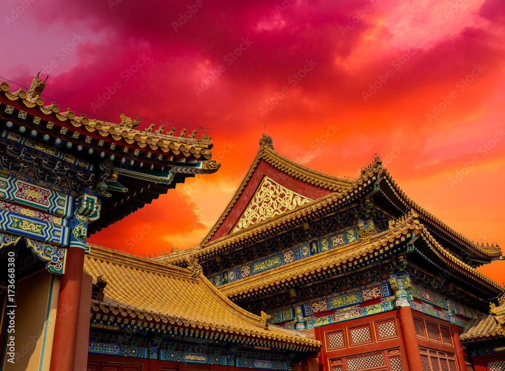 Beijing forbidden city scenery at sunset,China,dark light Beijing forbidden city scenery at sunset,China,dark light