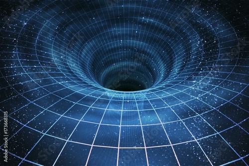 Singularity of massive black hole or wormhole. 3D rendered illustration of curved spacetime. photo