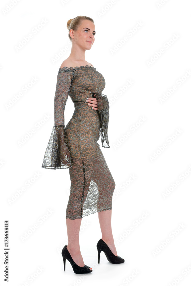 Fashion portrait of beautiful woman in elegant dress. Girl with elegant hairstyle Fashion portrait of beautiful woman in elegant dress. Girl with elegant hairstyle