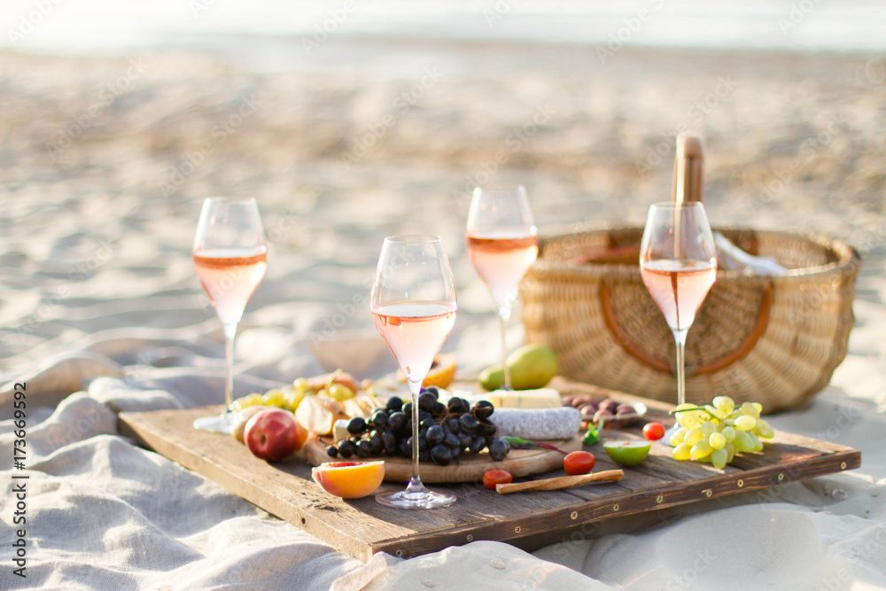 Refreshing Rosa Wine in a Glass . Beach Cheers Celebration Friendship Summer Fun Dinner Concept.