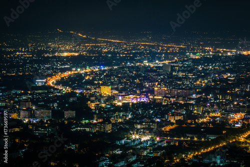 Night city scape at top view point of Chiang Mai, Thailand. © josphos