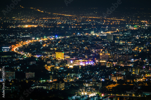 Night city scape at top view point of Chiang Mai, Thailand.