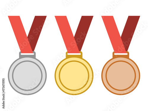 Set of gold, silver, bronze award medals with ribbons