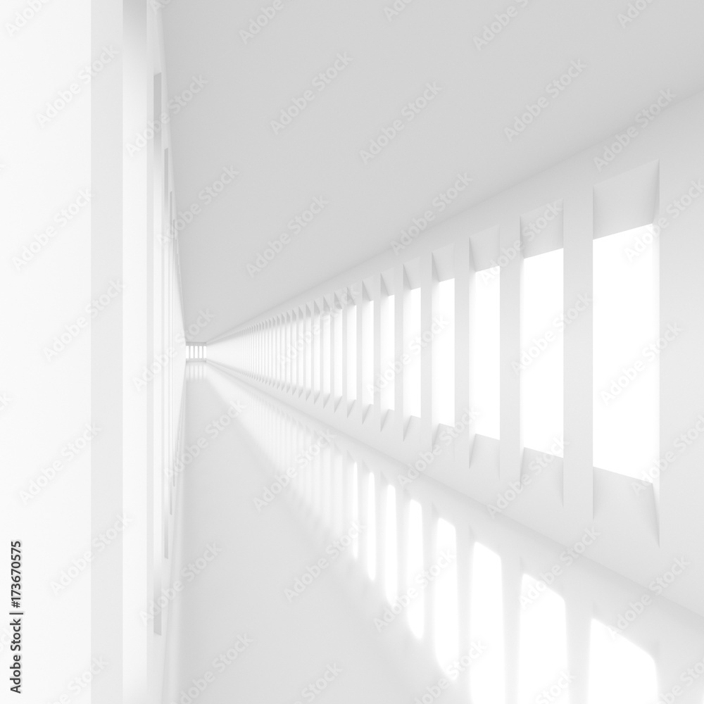 Obraz premium Futuristic empty white corridor with rectangular walls and windows. 3D Rendering.