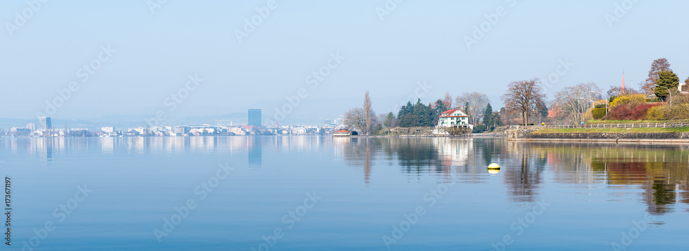 On the shore of Lake Zug. Panorama of city Zug. Switzerland. Category: Cities in Europe.