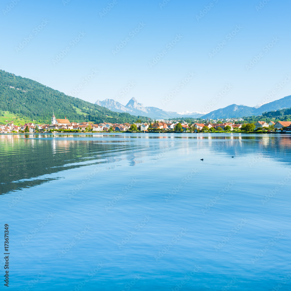 Fototapeta premium Switzerland. Arth-Goldau. Small towns in Europe. Switzerland. Arth-Goldau. Along the coast of Lake Zug.